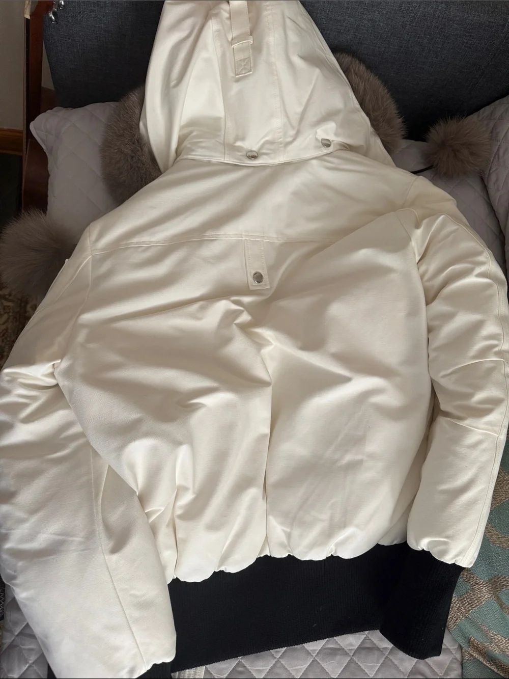 Moose Knuckles Ivory Hooded Bomber with Taupe Fur Trim